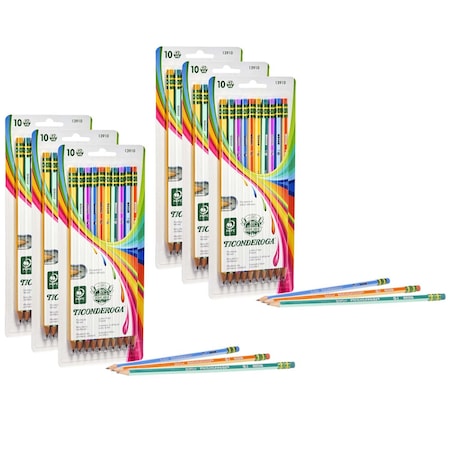 Ticonderoga Pencils, No 2 Soft, Neon Stripes, Presharpened, PK60, 60PK 13910